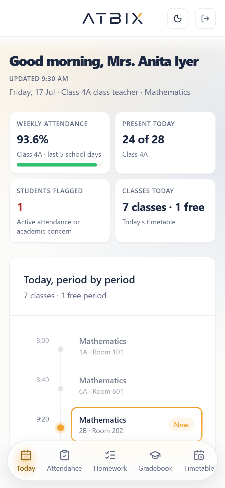 ATBIX teacher app daily view